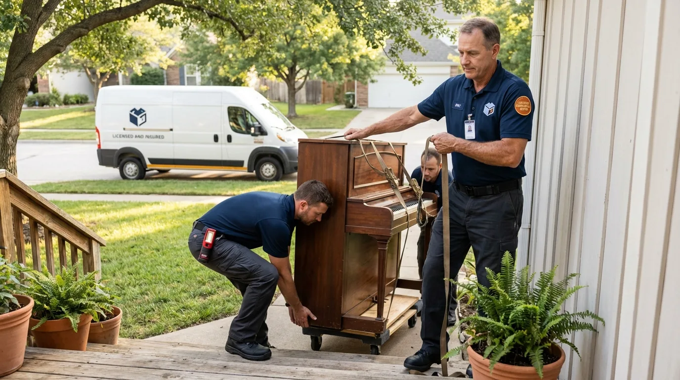 Licensed piano movers securing grand piano in Fayetteville, NY