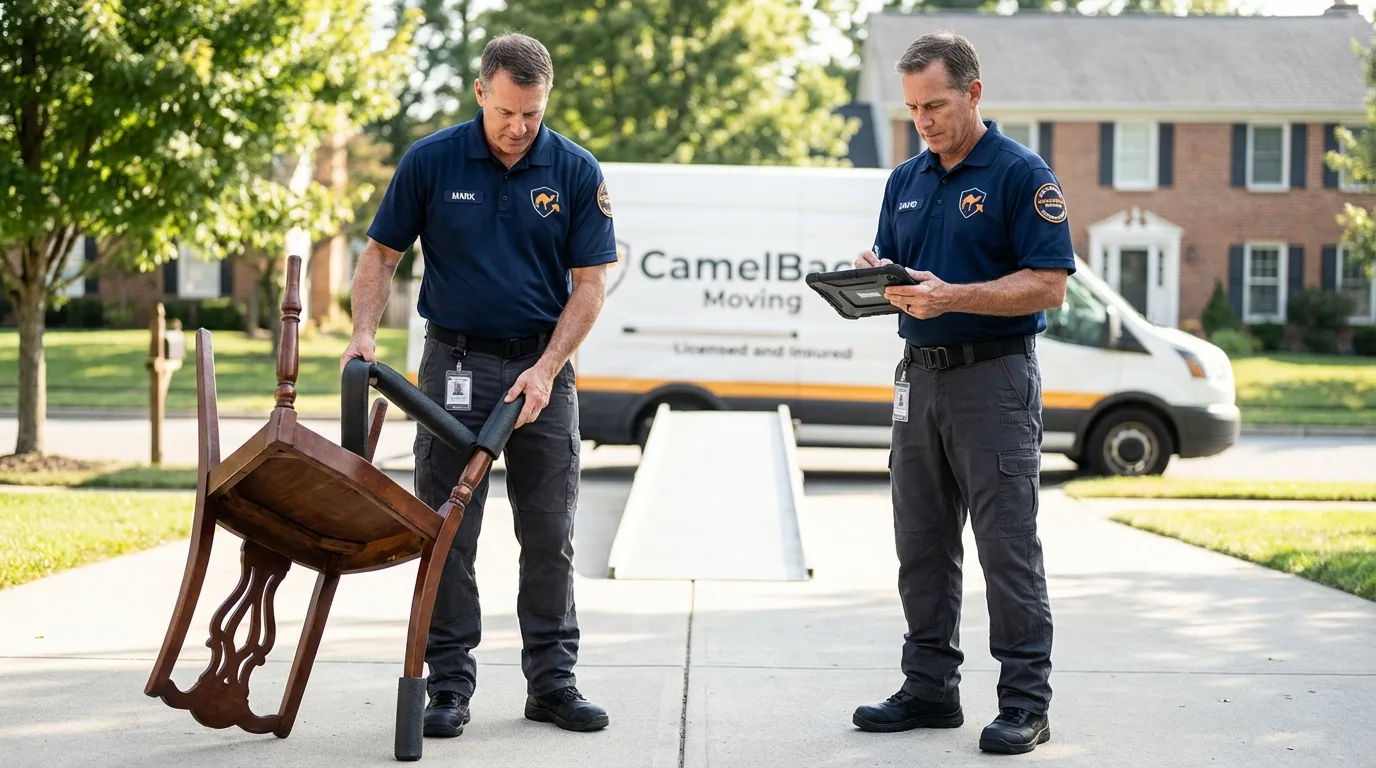 Movers inspecting furniture for damage prevention before loading in Fayetteville, NY