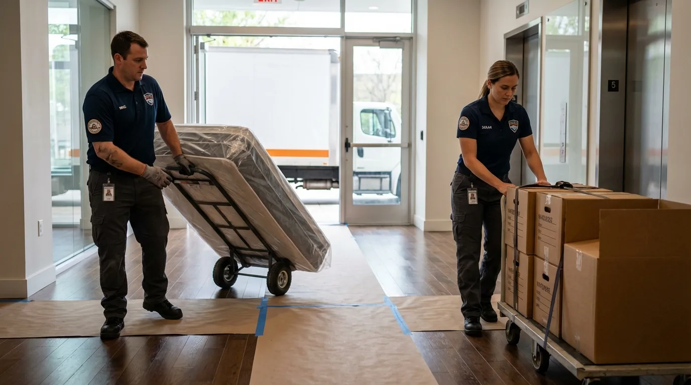 Professional apartment movers loading elevator in Fayetteville, NY