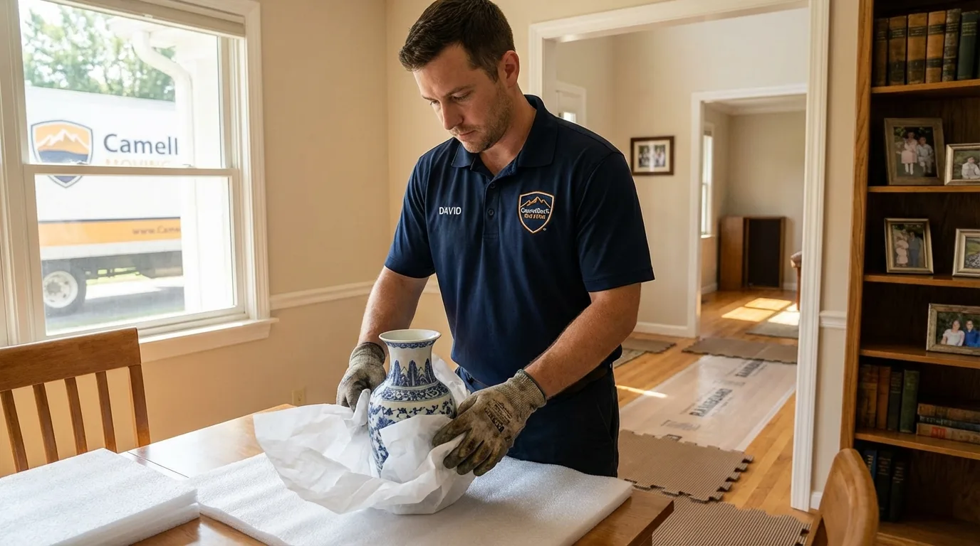 Professional crew carefully wrapping antique vase for senior downsizing move in Fayetteville, NY