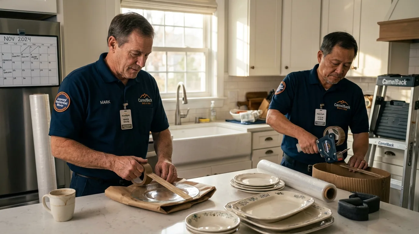 Professional crew packing kitchen dishware in Fayetteville, NY